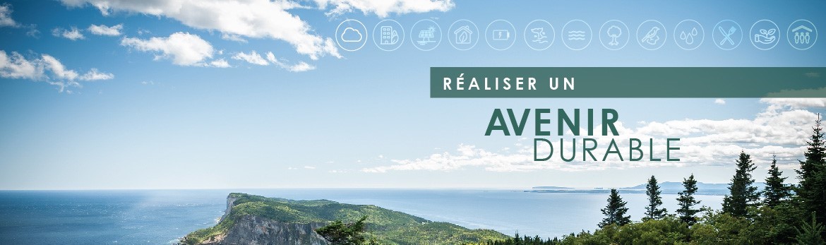 Photo d'une vue du golfe du Saint-Laurent prise à partir du parc national Forillon situé à Gaspé, Québec avec le titre «Atteindre un avenir durable». Les icônes des objectifs de la SFDD sont également présentés.